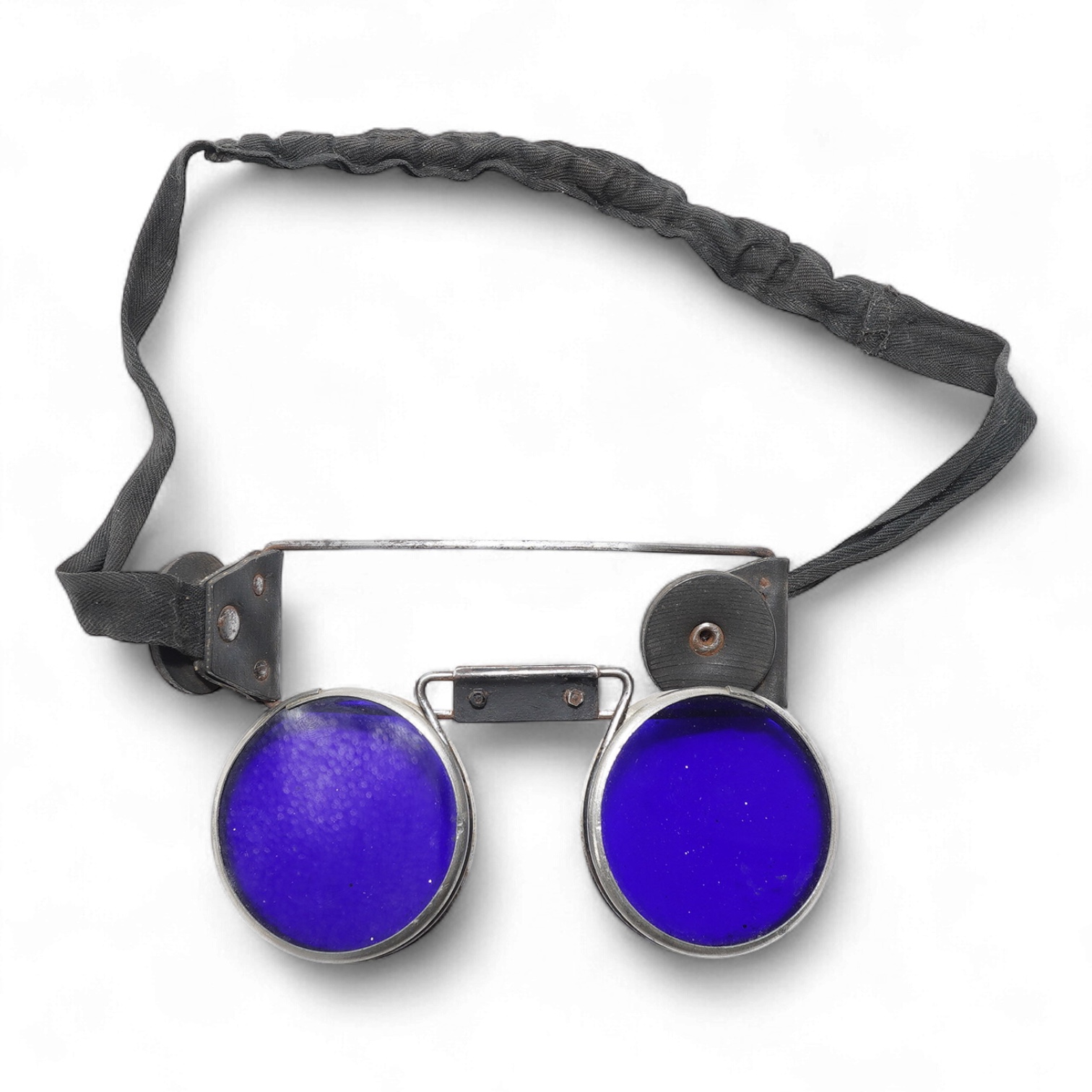 A pair of WW2 ARP fire fighter’s blue tinted goggles, stamped GR below a crown, probably by Fleming London